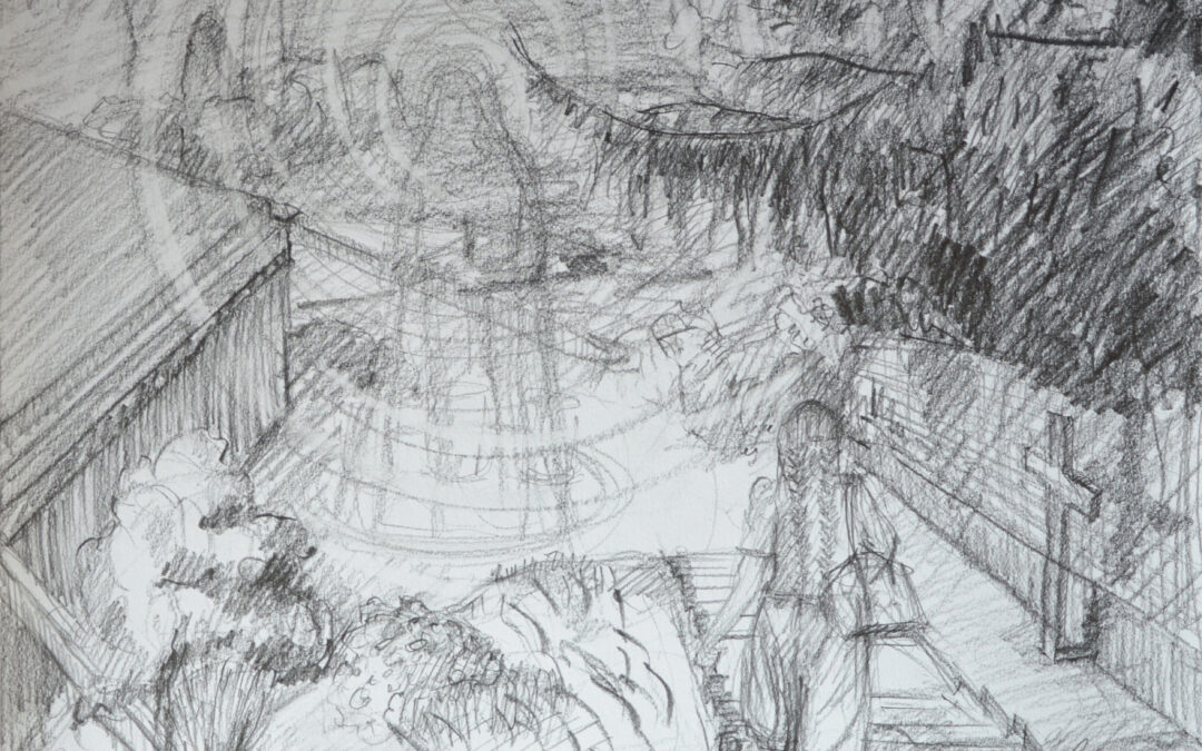 Woman walking towards apparition of Holy Virgin Mary