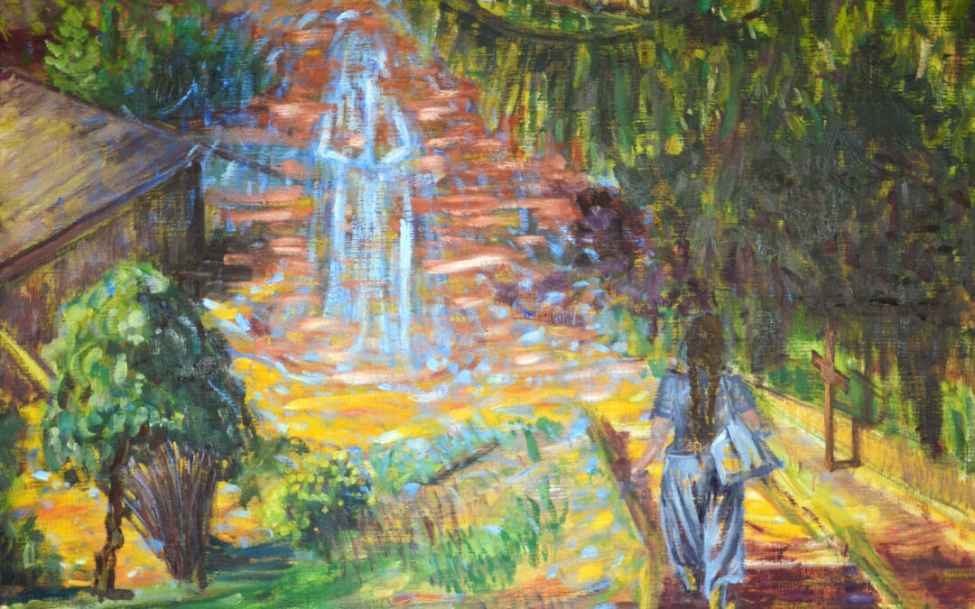 Woman Walking Towards Apparition of Holy Virgin Mary